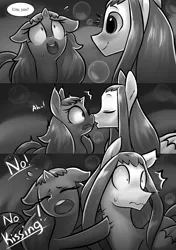 Size: 1512x2150 | Tagged: suggestive, artist:moonseeker, derpibooru import, oc, oc:hexuas sword, oc:sketchy skylar, unofficial characters only, pony, comic:let's talk redux, comic, eyelashes, female, incest, male, mare, monochrome, shipping, speech bubble, stallion, tsundere