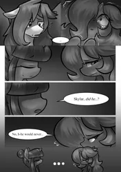 Size: 1512x2150 | Tagged: suggestive, artist:moonseeker, derpibooru import, oc, oc:hexuas sword, oc:sketchy skylar, unofficial characters only, pony, comic:let's talk redux, comic, eyelashes, female, incest, male, mare, monochrome, shipping, speech bubble, stallion