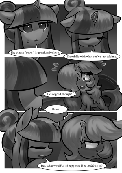Size: 1512x2150 | Tagged: suggestive, artist:moonseeker, derpibooru import, oc, oc:sketchy skylar, unofficial characters only, pony, comic:let's talk redux, comic, eyelashes, female, incest, mare, monochrome, shipping, speech bubble