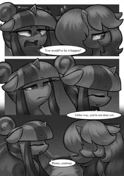 Size: 1512x2150 | Tagged: suggestive, artist:moonseeker, derpibooru import, oc, oc:hexuas sword, oc:sketchy skylar, unofficial characters only, pony, comic:let's talk redux, comic, eyelashes, female, incest, mare, monochrome, shipping, speech bubble