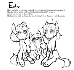 Size: 1512x1435 | Tagged: suggestive, artist:moonseeker, derpibooru import, oc, oc:hexuas sword, oc:sketchy skylar, unofficial characters only, pony, comic:let's talk redux, alternate ending, blushing, comic, eyelashes, incest, monochrome, shipping, text
