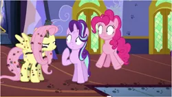 Size: 596x336 | Tagged: safe, derpibooru import, screencap, fluttershy, pinkie pie, starlight glimmer, pony, every little thing she does, creepy crawlies, twilight's castle, wat