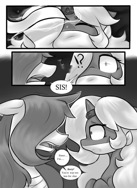 Size: 2149x2952 | Tagged: questionable, semi-grimdark, artist:moonseeker, derpibooru import, oc, oc:hexuas sword, oc:sketchy skylar, unofficial characters only, pegasus, pony, unicorn, comic:you're mine, blindfold, cloth gag, comic, floppy ears, gag, horn, horn ring, kidnapped, magic suppression, monochrome, ring, speech bubble, wide eyes