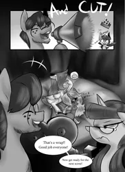 Size: 2145x2948 | Tagged: suggestive, artist:moonseeker, derpibooru import, oc, oc:hexuas sword, oc:sketchy skylar, unofficial characters only, earth pony, pegasus, pony, unicorn, comic:you're mine, bondage, comic, director, female, filming, good end, male, mare, megaphone, monochrome, porn, sex, shipping, speech bubble, stallion, straight, teary eyes, tied up, twist ending, unamused