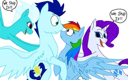 Size: 3962x2469 | Tagged: safe, artist:delphina34, derpibooru import, fleetfoot, rainbow dash, rarity, soarin', pony, eye contact, female, fleetfoot the shipper, looking at each other, male, shipper on deck, shipperity, shipping, simple background, soarindash, straight, transparent background