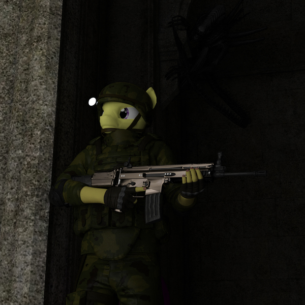 Size: 2040x2040 | Tagged: safe, artist:jawolfadultishart, derpibooru import, oc, unofficial characters only, alien, anthro, earth pony, xenomorph, 3d, alien (franchise), assault rifle, castle, clothes, daz studio, gun, helmet, horror, impending disaster, impending doom, impending mutilation, it's behind you, male, nightmare fuel, not sfm, rifle, scar-l, soldier, solo, this already ended in death, this will end in death, weapon, when you see it