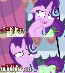 Size: 610x682 | Tagged: safe, derpibooru import, starlight glimmer, pony, rock solid friendship, caption, drama bait, exploitable meme, image macro, meme, nostalgia critic, starlight's confessions, text, to boldly flee