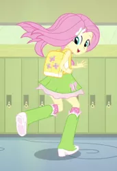 Size: 296x434 | Tagged: safe, derpibooru import, screencap, fluttershy, equestria girls, equestria girls (movie), backpack, boots, clothes, cropped, cute, cutie mark, high heel boots, lockers, looking at you, raised leg, rear view, shoes, shyabetes, skirt, socks, solo, waving