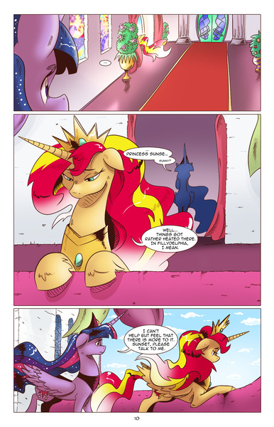 Size: 1253x1950 | Tagged: safe, artist:saturdaymorningproj, derpibooru import, sunset shimmer, twilight sparkle, twilight sparkle (alicorn), alicorn, pony, comic:a princess' worth, alicornified, alternate universe, comic, race swap, shimmercorn