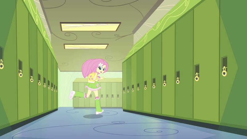 Size: 1920x1080 | Tagged: safe, derpibooru import, screencap, fluttershy, equestria girls, equestria girls (movie), backpack, boots, clothes, cutie mark, hallway, high heel boots, lockers, raised leg, shoes, skirt, socks, solo