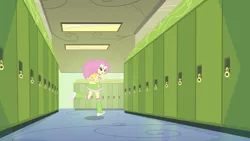Size: 1920x1080 | Tagged: safe, derpibooru import, screencap, fluttershy, equestria girls, equestria girls (movie), backpack, boots, clothes, cutie mark, hallway, high heel boots, lockers, raised leg, shoes, skirt, socks, solo