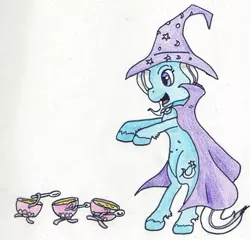 Size: 612x587 | Tagged: safe, artist:kuroneko, derpibooru import, trixie, pony, bipedal, cup, teacup, that pony sure does love teacups, the sorcerer's apprentice, traditional art