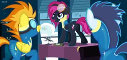 Size: 2250x1080 | Tagged: safe, artist:noah-x3, derpibooru import, soarin', spitfire, oc, oc:neon flare, pegasus, pony, butt, clothes, female, goggles, mare, plot, table, uniform, wonderbolt trainee uniform, wonderbolts uniform