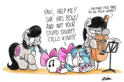 Size: 2243x1492 | Tagged: safe, artist:bobthedalek, derpibooru import, octavia melody, vinyl scratch, oc, oc:mixed melody, oc:octavia's mother, earth pony, pony, unicorn, biting, bow, bow (instrument), cello, dialogue, female, funny, gritted teeth, mare, musical instrument, open mouth, shrunken pupils, simple background, tail, tail bite, tail pull, traditional art, unamused, white background, wide eyes