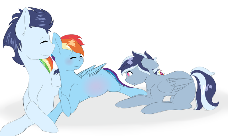 Size: 5000x3000 | Tagged: safe, artist:mah521, derpibooru import, rainbow dash, soarin', oc, oc:sonic rainbow, pegasus, pony, absurd resolution, eyes closed, female, high res, male, mare, offspring, parent:rainbow dash, parent:soarin', parents:soarindash, pregnant, prone, shipping, simple background, smiling, soarindash, straight, white background