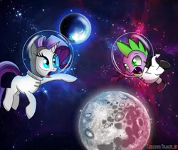 Size: 1300x1100 | Tagged: safe, artist:lennonblack, derpibooru import, rarity, spike, dragon, pony, astronaut, gravity (movie), mare in the moon, moon, space, spacesuit