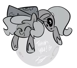 Size: 542x474 | Tagged: safe, artist:egophiliac, derpibooru import, princess luna, pony, moonstuck, cartographer's cap, eyes closed, female, filly, grayscale, hat, monochrome, moon, simple background, solo, tangible heavenly object, woona, younger