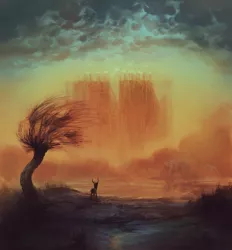 Size: 2057x2213 | Tagged: safe, artist:hunternif, derpibooru import, deer, pony, castle, cloud, scenery, tree, zdzisław beksiński