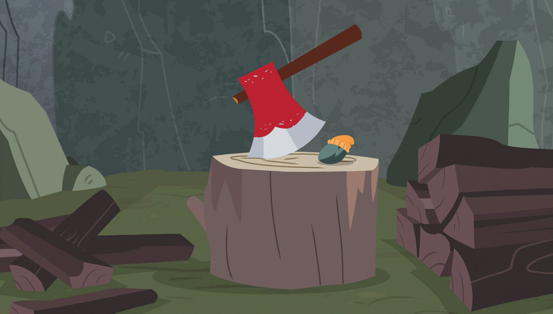 Size: 1920x1090 | Tagged: safe, derpibooru import, screencap, boulder (pet), pony, rock solid friendship, axe, chopping block, firewood, hat, stupid sexy boulder, weapon