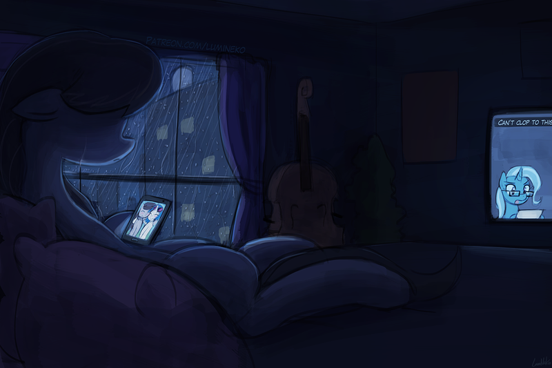 Size: 1125x750 | Tagged: safe, artist:lumineko, derpibooru import, octavia melody, trixie, pony, blank eyes, crying, feels, female, i can't clop to this, mare, mobile phone, news, night, patreon, phone, rain, sad, solo, window
