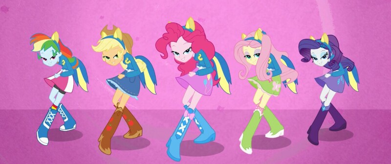 Size: 1280x539 | Tagged: safe, derpibooru import, screencap, applejack, fluttershy, pinkie pie, rainbow dash, rarity, equestria girls, equestria girls (movie), balloon, boots, clothes, compression shorts, cowboy boots, cowboy hat, denim skirt, hat, helping twilight win the crown, humane five, legs, lidded eyes, looking at you, mane five, pink background, pony ears, shoes, simple background, skirt, socks, stetson, wondercolts uniform