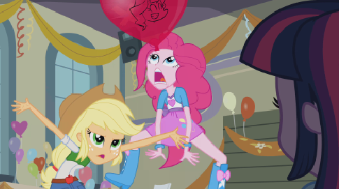 Size: 485x271 | Tagged: safe, derpibooru import, screencap, applejack, pinkie pie, sunset shimmer, twilight sparkle, equestria girls, equestria girls (movie), balloon, boots, bracelet, clothes, high heel boots, jewelry, shoes, skirt, streamers