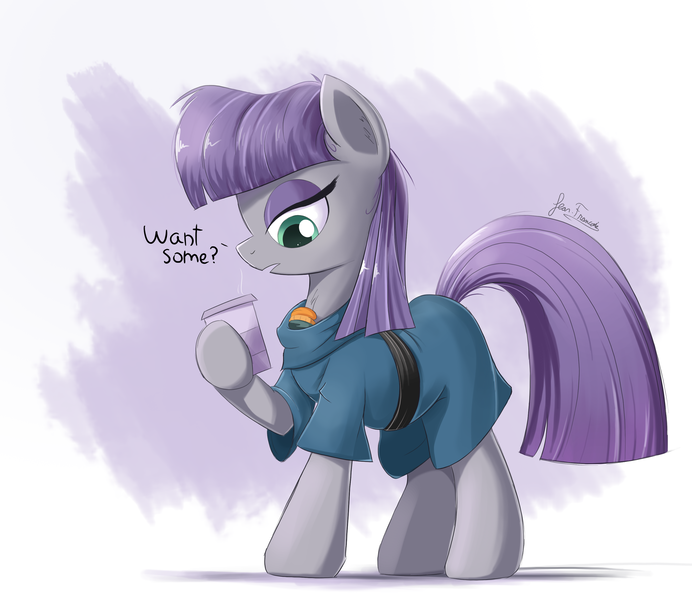 Size: 2250x1950 | Tagged: safe, artist:bugplayer, derpibooru import, boulder (pet), maud pie, earth pony, pony, rock solid friendship, clothes, cup, dialogue, duo, eyeshadow, female, lidded eyes, makeup, mare, rock