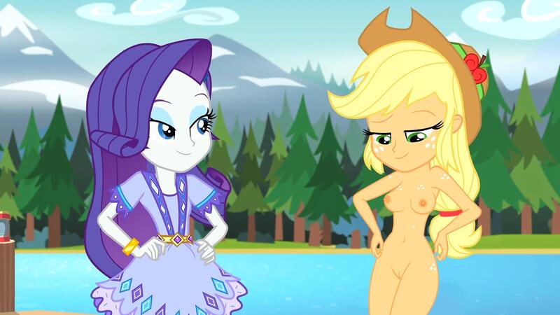 Size: 1920x1080 | Tagged: explicit, artist:thevincenator, derpibooru import, edit, edited edit, edited screencap, screencap, applejack, rarity, equestria girls, legend of everfree, applejack's hat, body freckles, breast edit, breasts, butt freckles, camp everfree, casual nudity, clothes, cowboy hat, dress, female, freckles, hat, lake, nipples, nude edit, nudity, practitioner of naturism, vulva