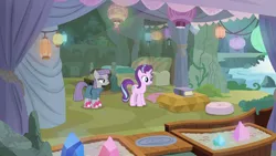 Size: 1920x1080 | Tagged: safe, derpibooru import, screencap, maud pie, starlight glimmer, pony, rock solid friendship, bed, book, cave, clothes, crystal, curtains, cushion, gem, jar, lantern, maud's cave, rock, rug, slippers