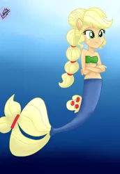 Size: 1000x1450 | Tagged: safe, artist:liniitadash23, derpibooru import, applejack, mermaid, seapony (g4), equestria girls, my little pony: the movie, alternate hairstyle, belly button, clothes, crossed arms, female, fins, mermaid tail, ocean, ponied up, pony ears, seaponified, seapony applejack, smiling, solo, species swap, underwater
