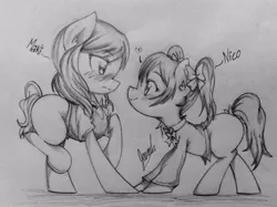 Size: 750x562 | Tagged: safe, artist:janadashie, derpibooru import, ponified, pony, blushing, female, heart, implied lesbian, lesbian, love live! school idol project, maki nishikino, nico yazawa, shipping, traditional art