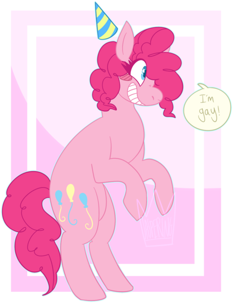 Size: 1035x1348 | Tagged: safe, artist:jaspering, derpibooru import, pinkie pie, pony, bipedal, female, hat, i'm gay, lesbian, mare, party hat, solo, starry eyes, wingding eyes