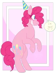 Size: 1035x1348 | Tagged: safe, artist:jaspering, derpibooru import, pinkie pie, pony, bipedal, female, hat, i'm gay, lesbian, mare, party hat, solo, starry eyes, wingding eyes