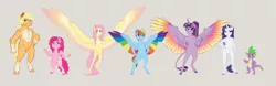 Size: 10132x3158 | Tagged: safe, artist:earthsong9405, deleted from derpibooru, derpibooru import, applejack, fluttershy, pinkie pie, rainbow dash, rarity, spike, twilight sparkle, twilight sparkle (alicorn), alicorn, anthro, classical unicorn, dragon, earth pony, pegasus, unguligrade anthro, unicorn, absurd resolution, blaze (coat marking), chest fluff, cloven hooves, colored hooves, colored wings, colored wingtips, female, gray background, large wings, leonine tail, male, mane seven, mane six, mare, multicolored wings, rainbow wings, scar, simple background, spread wings, unshorn fetlocks, wing claws, wings