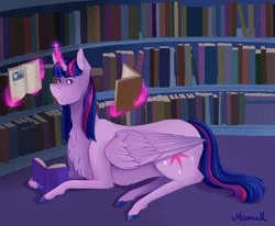 Size: 900x741 | Tagged: safe, artist:maniak-pl, derpibooru import, twilight sparkle, twilight sparkle (alicorn), alicorn, pony, book, bookshelf, library, magic, prone, solo, telekinesis, unshorn fetlocks