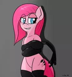 Size: 1121x1200 | Tagged: suggestive, artist:eclipsepenumbra, derpibooru import, pinkie pie, semi-anthro, bipedal, cat o' ninetails, clothes, female, gradient background, gray background, image, latex, latex socks, looking at you, pinkamena diane pie, png, simple background, socks, solo, solo female, whip