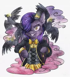 Size: 1063x1165 | Tagged: safe, artist:red-watercolor, derpibooru import, oc, oc:dawn sentry, unofficial characters only, bat pony, bird, pony, raven (bird), female, flower, hair over one eye, hat, mare, solo, traditional art, watercolor painting