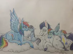 Size: 2577x1897 | Tagged: safe, artist:mlplover1987, derpibooru import, rainbow dash, soarin', oc, pony, cloud, colored wings, colored wingtips, family, female, filly, male, new style, offspring, parent:rainbow dash, parent:soarin', parents:soarindash, shipping, simple background, soarindash, straight, traditional art, wings