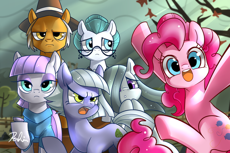 Size: 1772x1181 | Tagged: safe, artist:renokim, derpibooru import, boulder (pet), cloudy quartz, igneous rock pie, limestone pie, marble pie, maud pie, pinkie pie, pony, angry, annoyed, concerned, female, group photo, happy, male, mood contrast, one of these things is not like the others, pie family, pie sisters, quartzrock, shipping, siblings, sisters, smiling, straight