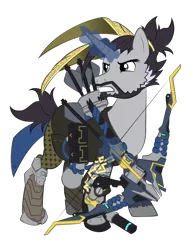 Size: 1024x1325 | Tagged: safe, artist:violetfeatheroficial, derpibooru import, ponified, pony, unicorn, armor, arrow, bow (weapon), bow and arrow, clothes, crossover, gritted teeth, hanzo, levitation, magic, male, overwatch, simple background, solo, stallion, telekinesis, transparent background, vector, weapon