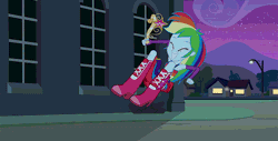 Size: 576x293 | Tagged: safe, artist:m48patton, derpibooru import, edit, screencap, rainbow dash, equestria girls, equestria girls (movie), animated, big crown thingy, boots, canterlot high, crown, cute, element of magic, eyes closed, fall formal outfits, gif, high heel boots, jewelry, jumping, mountain, regalia, shoes, solo, streetlight, tree