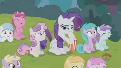 Size: 1236x692 | Tagged: safe, derpibooru import, screencap, aura (character), cotton cloudy, dinky hooves, liza doolots, noi, petunia, piña colada, rarity, ruby pinch, sweetie belle, tootsie flute, pony, forever filly, aurabetes, cheering, cottonbetes, cute, diasweetes, dinkabetes, food, noiabetes, pina cutelada, pinchybetes, popcorn, raribetes, tootsie cute