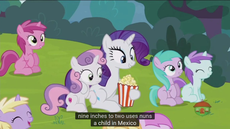 Size: 1366x768 | Tagged: safe, derpibooru import, edit, edited screencap, screencap, aura (character), dinky hooves, liza doolots, noi, petunia, piña colada, rarity, ruby pinch, sweetie belle, tootsie flute, pony, forever filly, caption, meme, mexico, nun, youtube caption