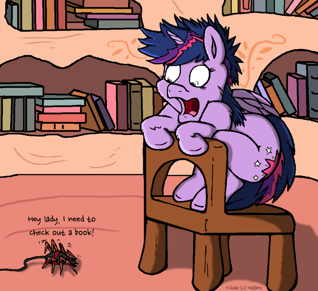 Size: 1092x1000 | Tagged: safe, artist:kilo60, derpibooru import, twilight sparkle, twilight sparkle (alicorn), alicorn, pony, spider, arachnophobia, book, chair, open mouth, scared, screaming, wide eyes