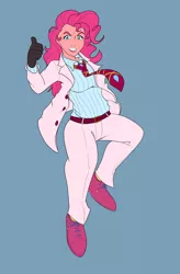 Size: 3450x5250 | Tagged: safe, artist:goat train, deleted from derpibooru, derpibooru import, pinkie pie, equestria girls, absurd resolution, clothes, cosplay, costume, diamond is unbreakable, gloves, grin, jojo's bizarre adventure, killer queen, simple background, smiling, solo, thumbs up, yoshikage kira