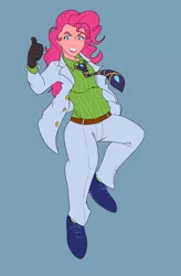 Size: 3450x5250 | Tagged: safe, alternate version, artist:goat train, deleted from derpibooru, derpibooru import, pinkie pie, equestria girls, absurd resolution, clothes, cosplay, costume, gloves, grin, jojo's bizarre adventure, killer queen, simple background, smiling, solo, thumbs up, yoshikage kira