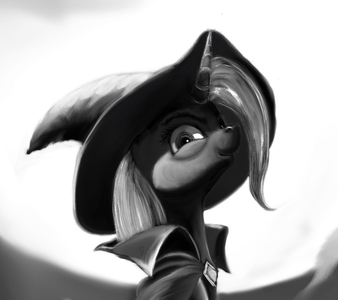 Size: 1777x1576 | Tagged: safe, artist:ponsce, derpibooru import, trixie, pony, bust, clothes, grayscale, hat, monochrome, portrait, solo, trixie's hat