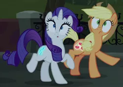 Size: 724x513 | Tagged: safe, derpibooru import, screencap, applejack, rarity, pony, made in manehattan, :o, applejack's damaged hat, booty call, frown, glowing cutie mark, open mouth, raised hoof, raised leg, wide eyes