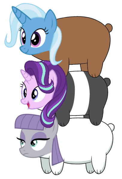 Size: 426x628 | Tagged: safe, derpibooru import, maud pie, starlight glimmer, trixie, earth pony, pony, unicorn, cropped, female, grizzly, head swap, ice bear, mare, panda (we bare bears), the amazing trio of friendship, trio, we bare bears