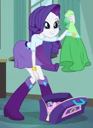 Size: 430x586 | Tagged: safe, derpibooru import, screencap, rarity, equestria girls, equestria girls (movie), bag, bent over, boots, bracelet, clothes, cropped, dress, hand on knee, high heel boots, jewelry, shoes, skirt, solo